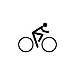 Bicycle icon with a cyclist. Simple vector silhouette illustration of a person riding a bike for cycling on a white background.