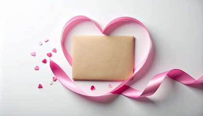 Brown envelope with pink heart ribbon and small hearts on white background