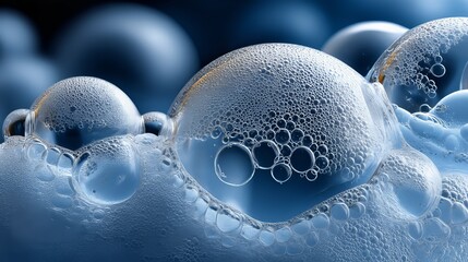 Bubbles forming intricate abstract patterns, soap foam creating a clean, wet, and transparent liquid background, illustrating concepts of freshness and purification