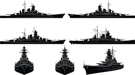 Military battleship silhouette collection, naval warship front side views, historical combat vessel illustration isolated on white background © kulsum creatives