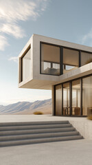 Modern luxury house terrace with minimalist architecture overlooking mountain landscape.
