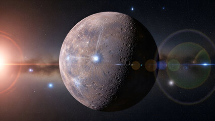 Distant Planet Moon with Surface Craters and Starfield