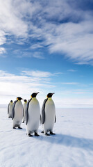 Obraz premium Line of emperor penguins standing together on a snowy Antarctic ice landscape. 