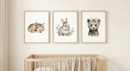 Charming watercolor nursery art featuring a sleeping fawn, bunny, and bear with floral crown