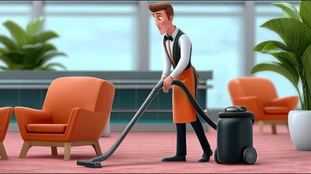 Animated cleaner vacuuming carpet in a contemporary office