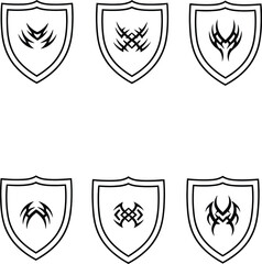 Fototapeta premium Crest icons with tribal vector graphics and sharp abstract elements inside shield outlines for protection and branding concepts.