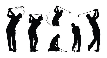 Dynamic Golf Swing Silhouettes Set: Male Golfer Poses Illustrating Drive, Chip, and Setup Action, Isolated Vector Illustration on White