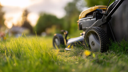 A lawn mower cutting fresh green grass in a sunny residential garden.
