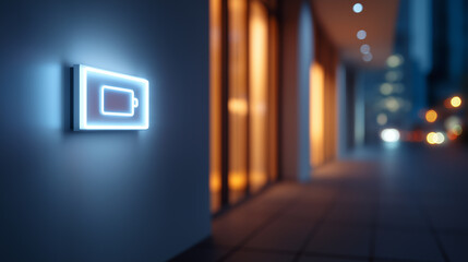 A glowing low battery icon displayed on a glass surface with city lights in the background.

