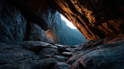 Cave entrance rock formation mountain view sunset light rugged texture shadowy foreground natural arch rocky tunnel dramatic lighting atmospheric scene