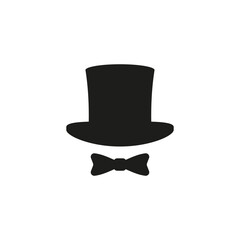 Top hat icon with bow tie. Cylinder hat. Vector silhouette and illustration on a white background.