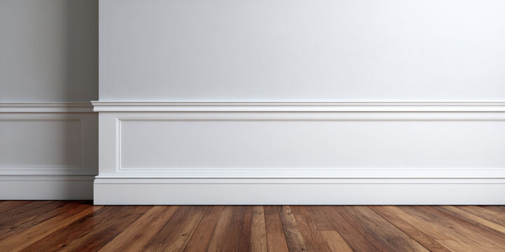 White wall with decorative molding and hardwood floor close up, minimalist interior scene conveying calm and neutral emotion