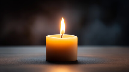 Single burning candle creating a warm and peaceful atmosphere in a dark interior setting.
