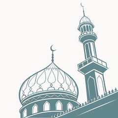 Teal mosque fragment with dome and minaret crescent moon © uuu