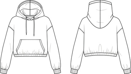 Hoodie sweatshirt technical flat sketch front and back view, fashion cad drawing, casual apparel outline, flat vector illustration © MstRokshana