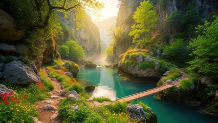 Lush canyon with turquoise river wooden bridge and sunlit foliage