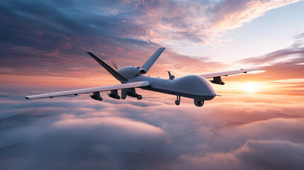 Obraz premium Unmanned aerial drone flying above clouds during a dramatic sunset. 