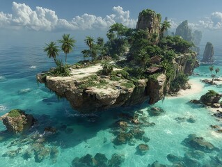 A magical floating island landscape where tropical palms meet the clear blue sea