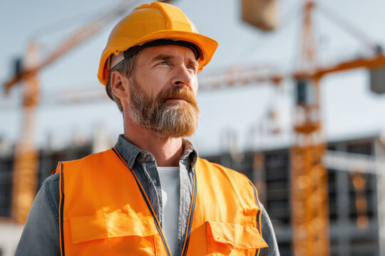 Experienced construction worker orange safety vest and yellow helmet observing site with cranes and building background, confident professional inspecting progress and safety outdoor construction