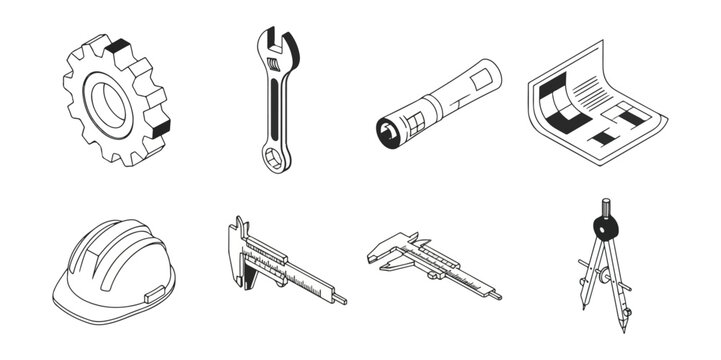 Engineering tools illustration set vector gear wrench blueprint hard hat caliper compass