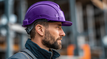 Construction worker with purple hard hat and reflective vest standing at building site focused on inspection and planning, confident expression and beard in natural daylight