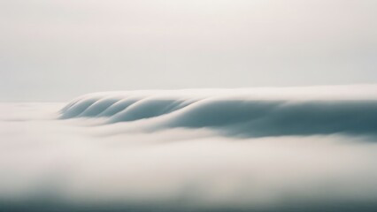 Cinematic fog landscape with mysterious unseen massive structure emerging subtly through mist, abstract atmospheric wide long shot, minimal calm mood, conceptual background for film and design