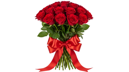 A beautiful bouquet of red roses tied with a red ribbon isolated on transparent background for valentines day or romance