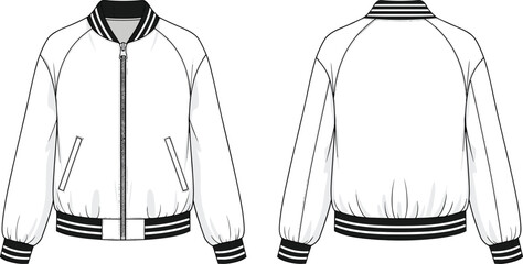 Varsity bomber jacket front back technical fashion illustration, ribbed collar cuffs hem, casual outerwear apparel design flat vector © MstRokshana