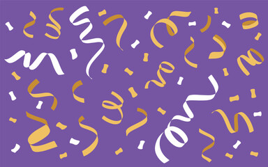 Orange and white streamers on purple background confetti