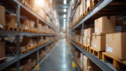 A large organized warehouse aisle filled with stacked cardboard boxes in a logistics center.
