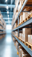 A large organized warehouse aisle filled with stacked cardboard boxes in a logistics center.
