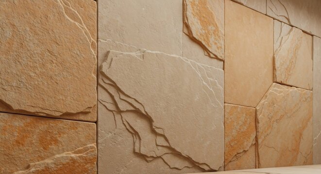 Wall adorned with textured earthtoned tiles resembling natural stone slabs with chiseled edges