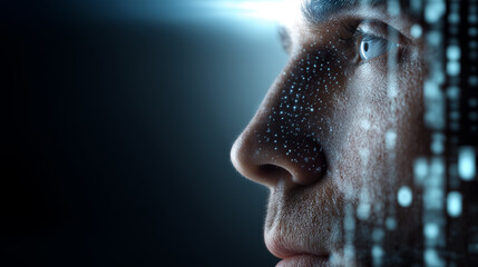 Side profile of a human face illuminated by flowing digital data streams symbolizing artificial intelligence.
