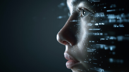 Side profile of a human face illuminated by flowing digital data streams symbolizing artificial intelligence.
