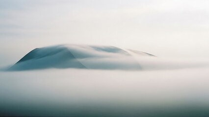 Cinematic fog landscape with mysterious unseen massive structure emerging subtly through mist, abstract atmospheric wide long shot, minimal calm mood, conceptual background for film and design