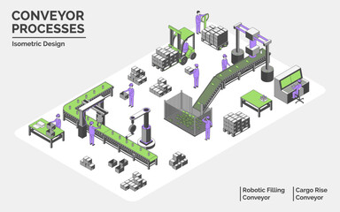 Cartoon Color Conveyor Processes Factory Concept 3d Isometric View Line Elements Robotic Filling and Cargo Rise Conveyor . Vector illustration