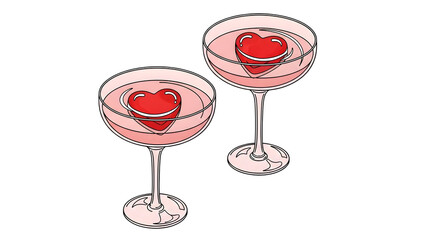Two pink cocktails with heart shapes in the glasses on a transparent background for valentines day