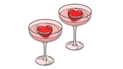 Two pink cocktails with heart shapes in the glasses on a transparent background for valentines day