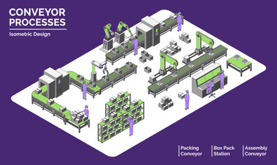 Cartoon Color Conveyor Processes Factory Concept 3d Isometric View Line Elements Box Pack Station, Packing and Assembly Conveyor . Vector illustration