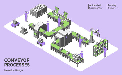Cartoon Color Conveyor Processes Factory Concept 3d Isometric View Line Elements Automated Loading Tray and Packing Conveyor. Vector illustration