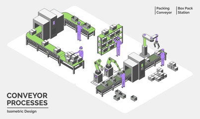 Cartoon Color Conveyor Processes Factory Concept 3d Isometric View Line Elements Box Pack Station and Packing Conveyor . Vector illustration