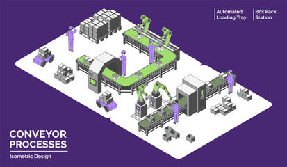 Cartoon Color Conveyor Processes Factory Concept 3d Isometric View Line Elements Box Pack Station and Automated Loading Tray. Vector illustration