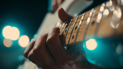 男性が日本人ギタリストとして逆光に輝く弦を刻むドラマチック接写