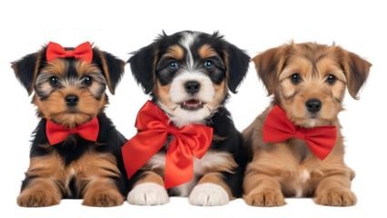 Three adorable puppies wearing red bows on their necks isolated on transparent background