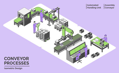 Cartoon Color Conveyor Processes Factory Concept 3d Isometric View Line Elements Automated Handling Unit and Assembly Conveyor . Vector illustration