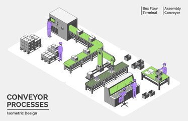 Cartoon Color Conveyor Processes Factory Concept 3d Isometric View Line Elements Box Flow Terminal and Assembly Conveyor . Vector illustration