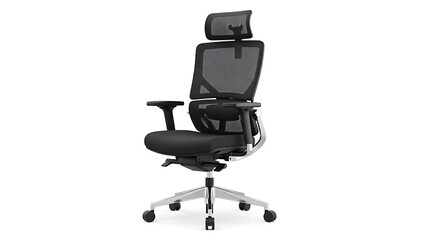 Fototapeta premium Premium ergonomic office chair in black, offering advanced lumbar support and adjustable comfort, ideal for modern professional workspaces and prolonged productivity