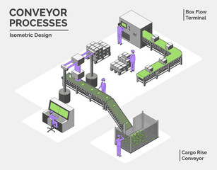 Cartoon Color Conveyor Processes Factory Concept 3d Isometric View Line Elements Box Flow Terminal and Cargo Rise Conveyor . Vector illustration