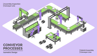 Cartoon Color Conveyor Processes Factory Concept 3d Isometric View Line Elements Hybrid Assembly Conveyor and Assembly Inspection . Vector illustration