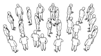 Overhead view sketch illustrates a diverse group of businessmen and professionals standing and interacting during a corporate event or meeting setting.